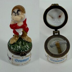 Disney Grumpy Porcelain Hinged Trinket Box with Mini Pickaxe Trinket, NWOT